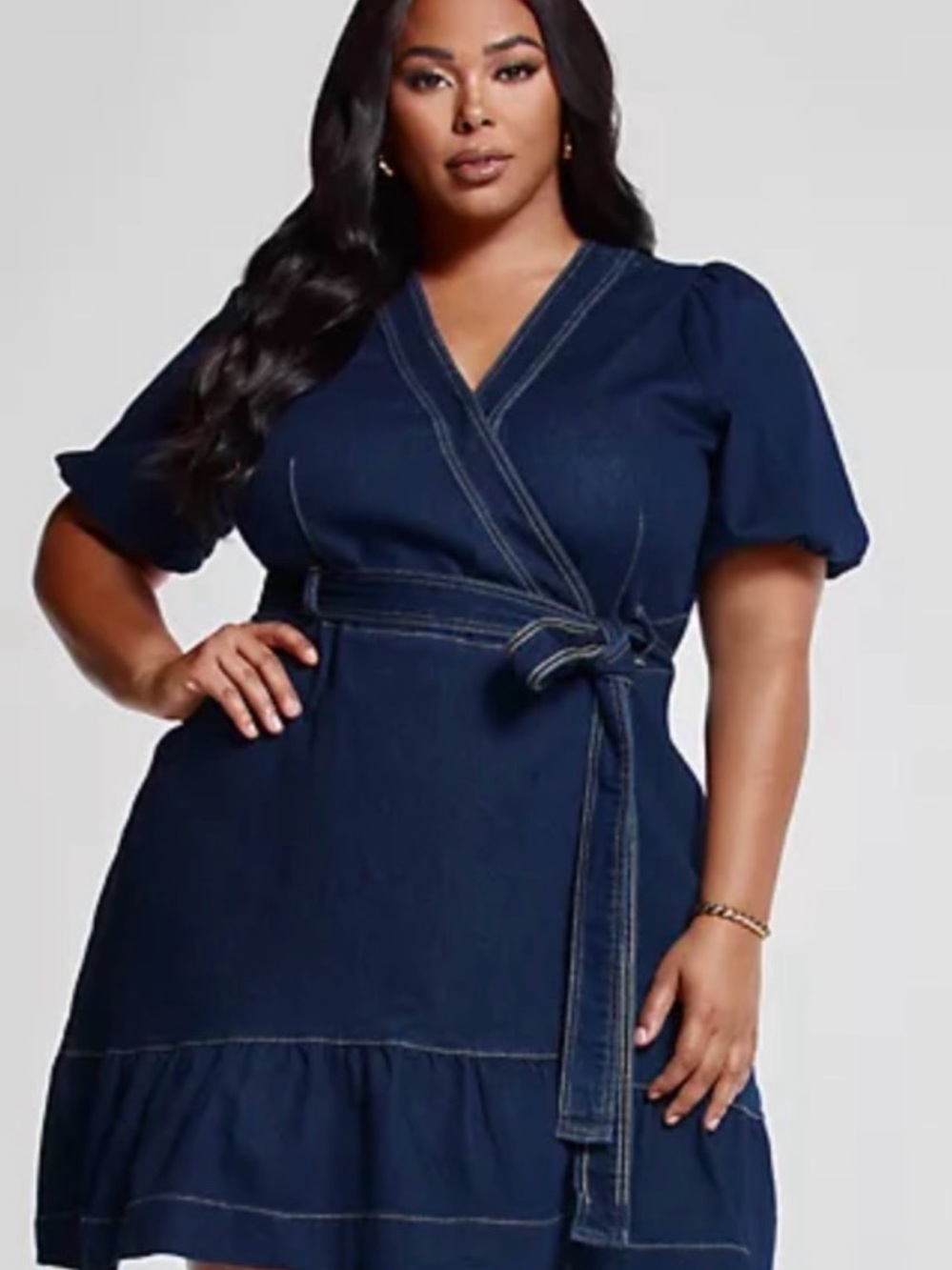 Fashion to Figure Navy Wrap Denim Midi Dress with Tie Waist
